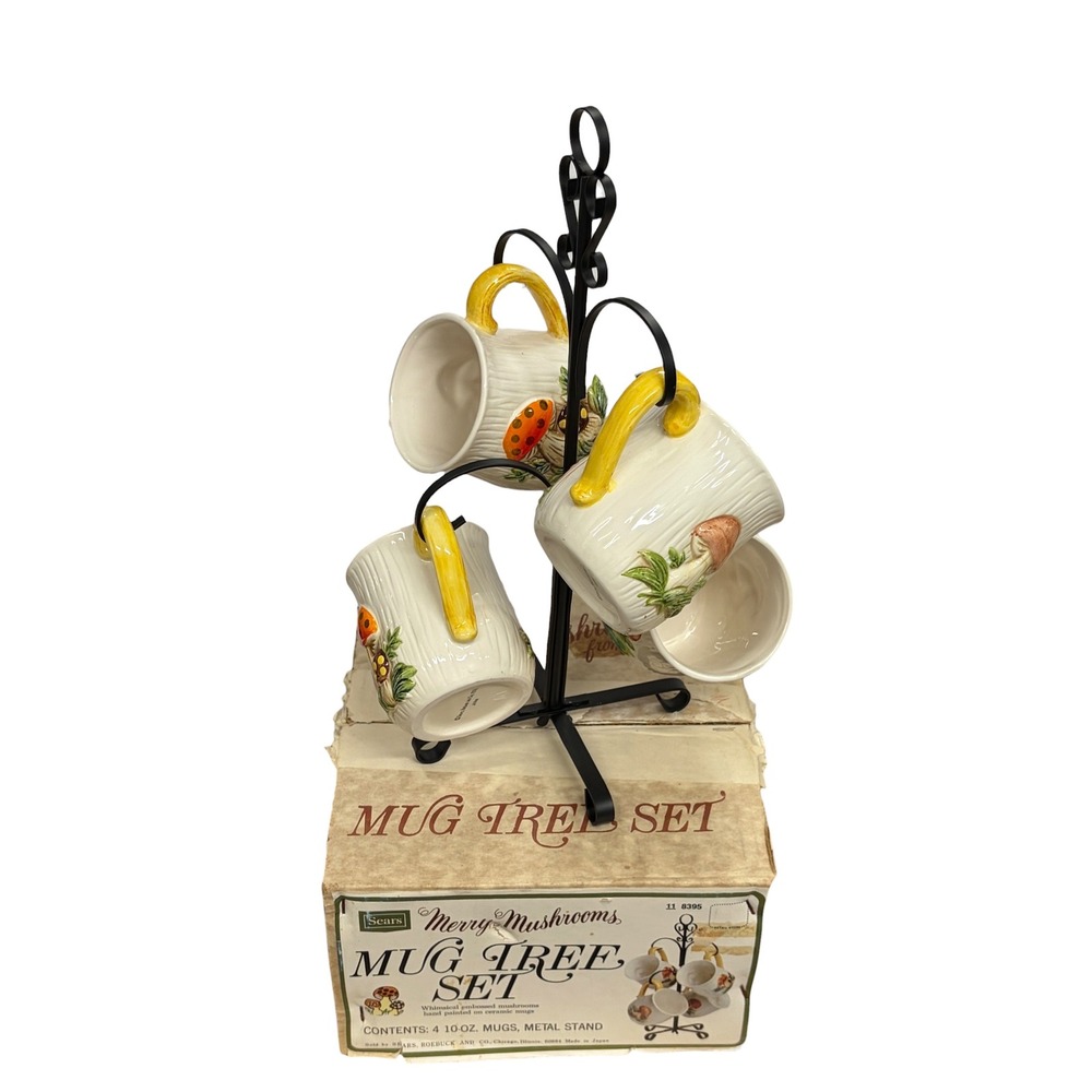 Vintage Sears Merry Mushrooms Mug Tree Set 4 Mugs with Metal Stand New in Box